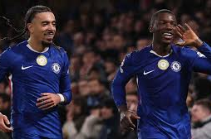 Moses Caicedo celebrates after scoring a header against Pafos in Match Day 7 of the current UCL season