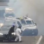 Italy: Armed gang’s daylight heist on BTV armored van thwarted on SS 613 near Brindisi. 6–10 robbers used burning truck barricade & fake police lights. No cash stolen, 2 arrested after shootout & chase.